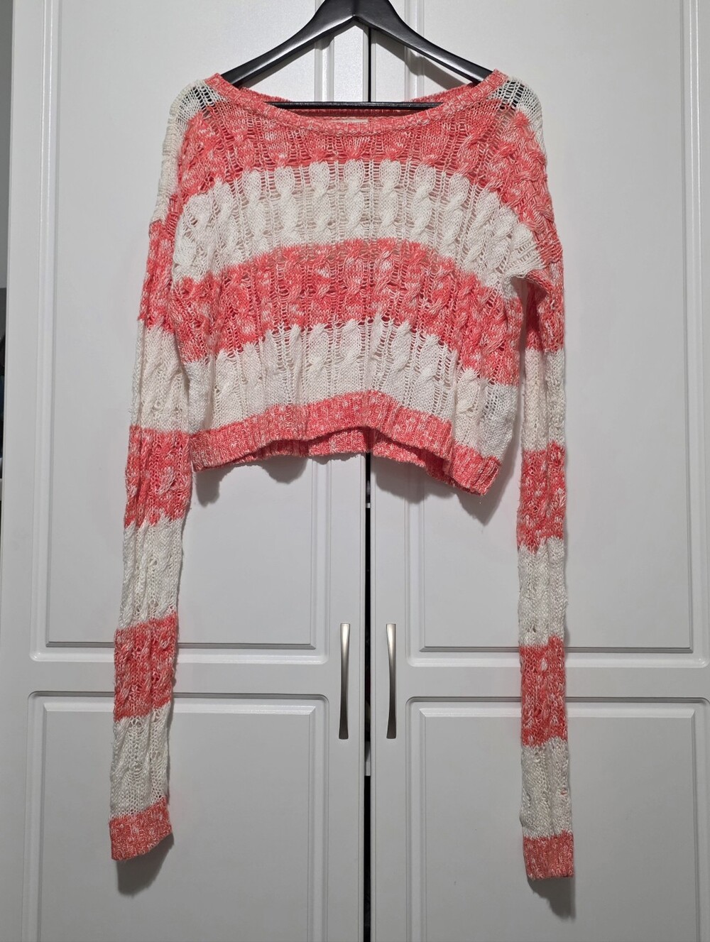 Abercrombie & Fitch Coral Pink Ivory Stripe Open Knit Cropped Sweater Y2K Style
